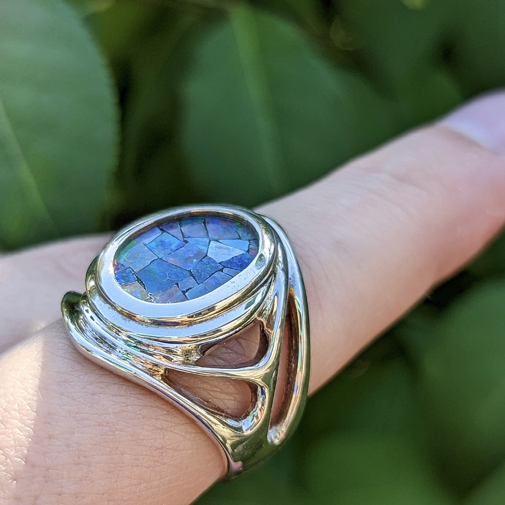 Whitney Kelly sterling silver 925 blue mosaic opal oval ring - Picture 3 of 6